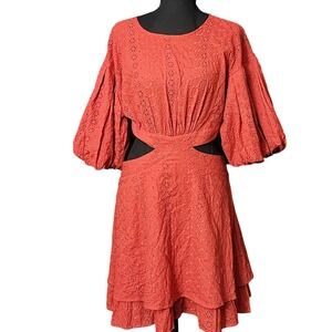 VICI Rust Orange Eyelet Dainty Tiered Cut Out Mini Dress Puff Sleeves, Large